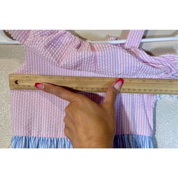 Rare Editions Little Girls Ruffle Neckline Color Block Maxi Seersucker Dress 5 - Picture 8 of 9